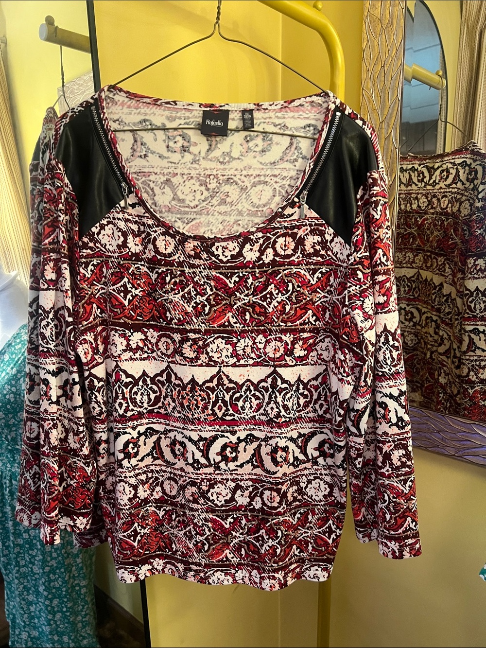 Rafaella Red and Black Patterned Scoop Neck Top with Faux Leather Shoulders